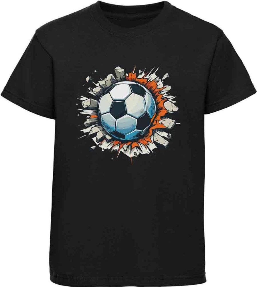 Kinder T-Shirt Fussball der durch Wand fliegt